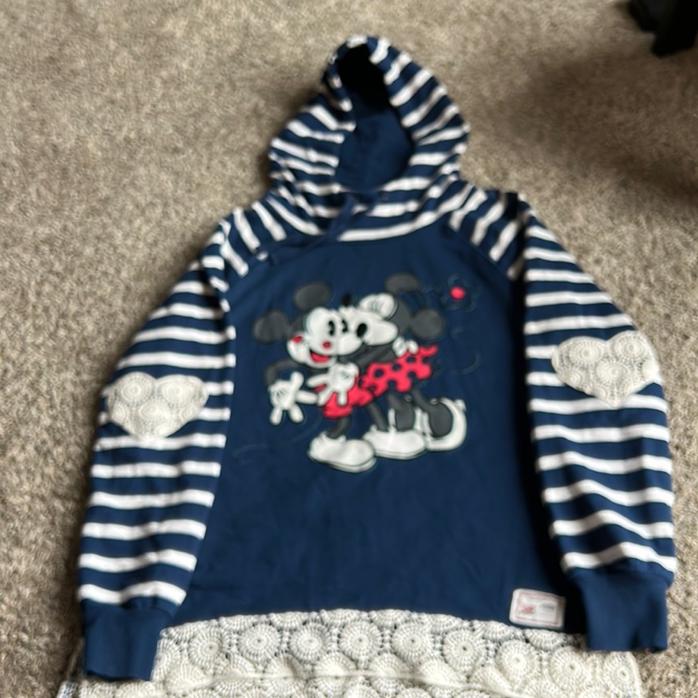 Disney parks authentic women’s Mickey and Mini kiss blue lightweight hoodie L